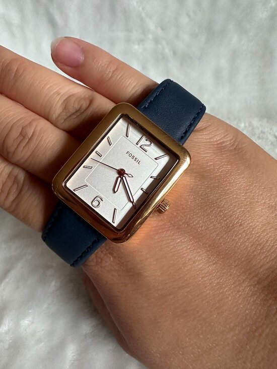 NWT! Fossil ES4158 Raquel Rectangular Watch With Navy Leather Strap In Rose Gold main image 11